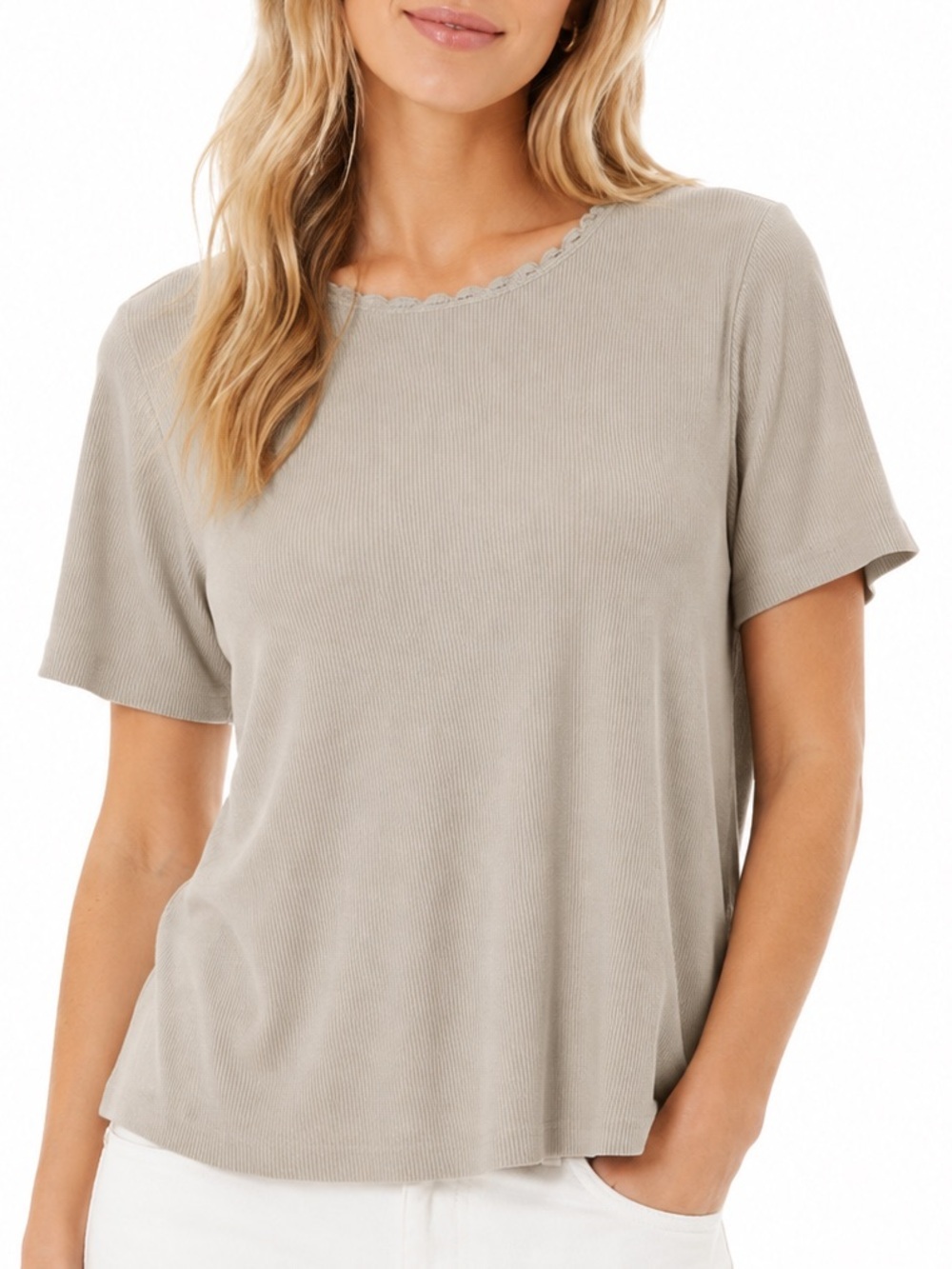Laura Scott Neutral Beige Short Sleeve Ribbed Knit Top Coastal Grandma Size S